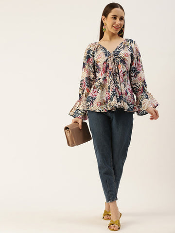 Floral Print Bell Sleeves Peplum Top