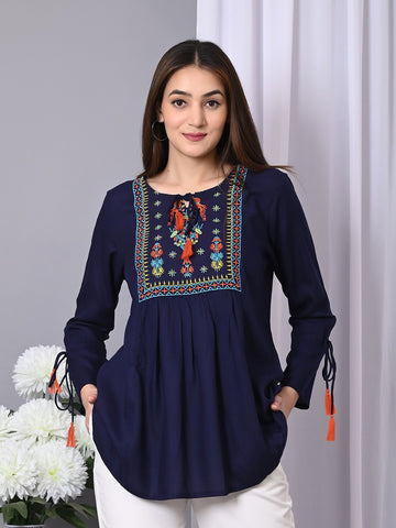 Floral Tie-Up Neck Embroidered Longline Top