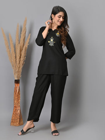 Embroidered Notch Neck Top With Pant Co ord Set