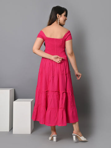 Off Shoulder Smocked Tiered Fit & Flare Midi Dress