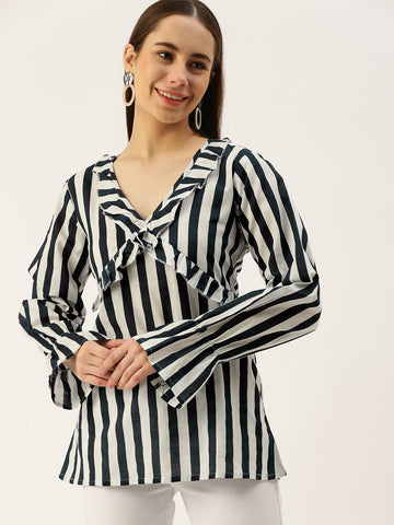 Casual Regular Sleeves Striped Women White & BLUE Top