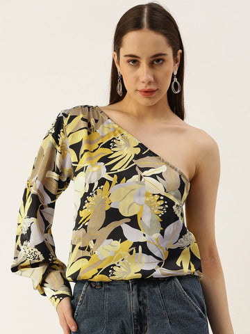 Casual One Shoulder Sleeves Printed Women Yellow Top