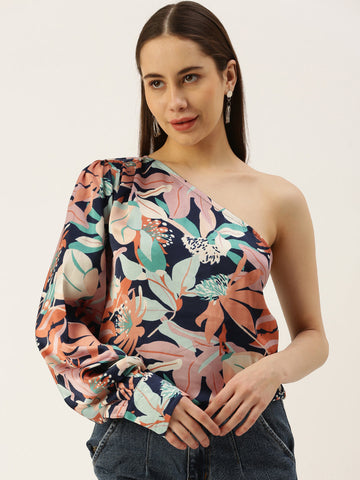 Casual One Shoulder Sleeves Printed Women Yellow Top