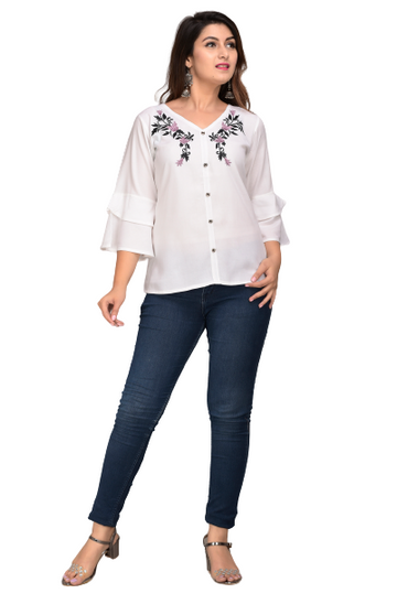 Casual Regular Sleeves Embroidered Women White Top