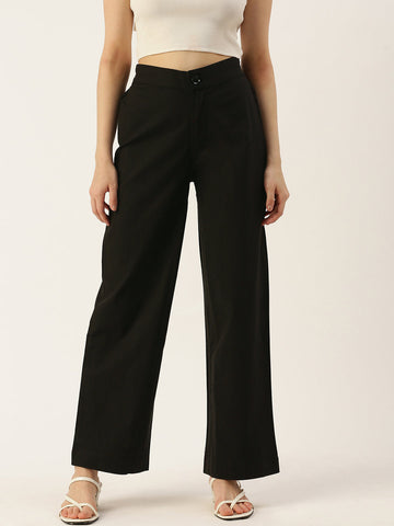 Women Regular Fit BLACK Pure Cotton Trousers