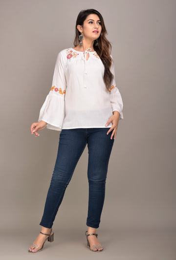 Casual Bell Sleeves Embroidered Women White Top