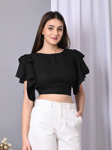 Boat Neck Flutter Sleeve Ruffles Crop Top