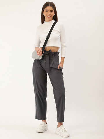 Women Regular Fit Grey Pure Cotton Trousers