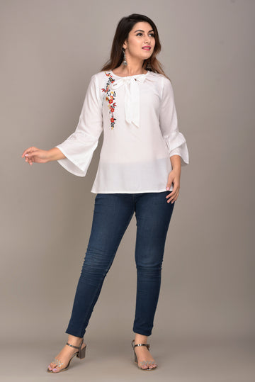 Casual Regular Sleeves Embroidered Women White Top