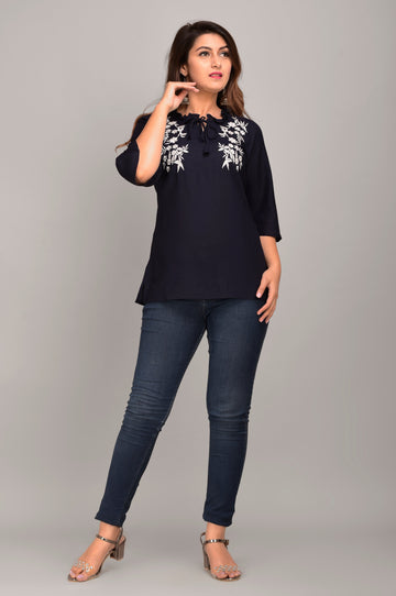 Casual Regular Sleeves Embroidered Women Blue Top