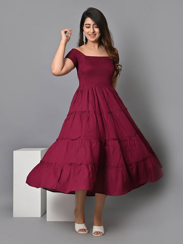 Off Shoulder Smocked Tiered Fit & Flare Midi Dress