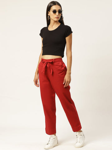 Women Regular Fit maroon Cotton Blend Trousers