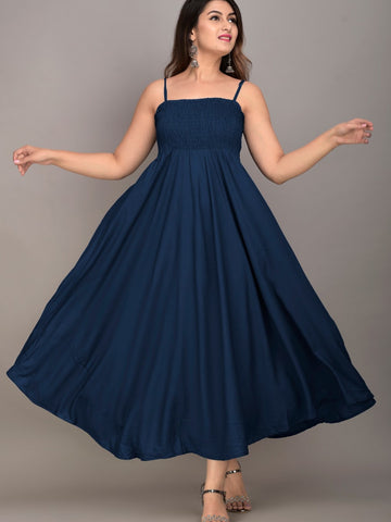 Blue Solid Smocked Maxi Dress