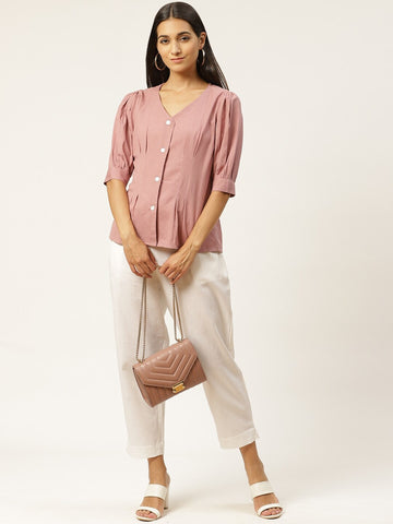 Women Peach-Coloured V-Neck Shirt-Style Top