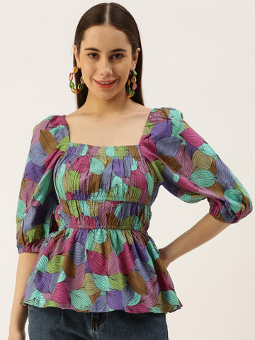 Floral Print Square Neck Top With Pleated Detail