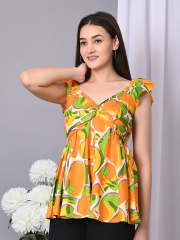 Abstract Printed V-Neck Twisted Longline Top