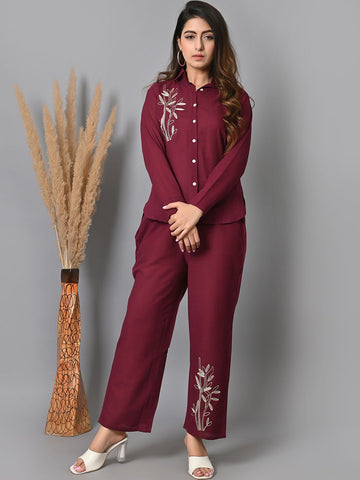 Floral Embroidered Cuffed Sleeves High Low Shirt & Trouser