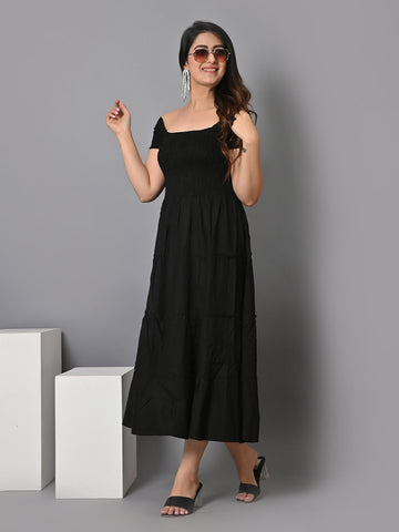 Square Neck Smocked Tiered Fit & Flare Midi Dress