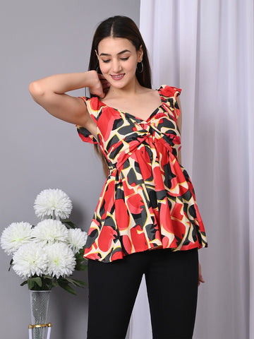 Abstract Printed V-Neck Twisted Longline Top