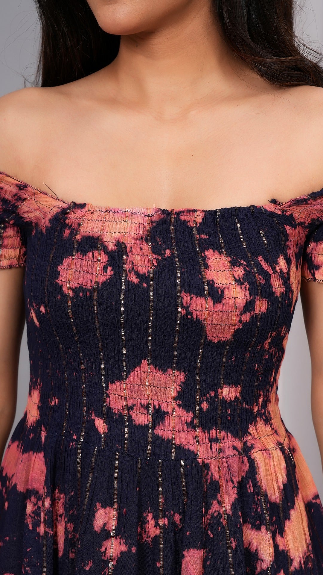 Iqraar Women Tie and Dye Dyed Smocked Off-Shoulder Fit and Flare Midi