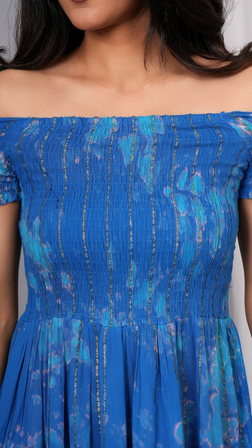 Iqraar Women Tie and Dye Dyed Smocked Off-Shoulder Fit and Flare Midi Royal blue Dress