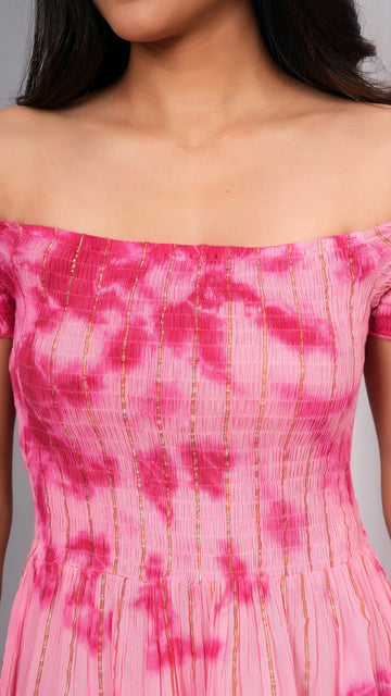 Iqraar Women Tie and Dye Dyed Smocked Off-Shoulder Fit and Flare Midi Baby pink Dress