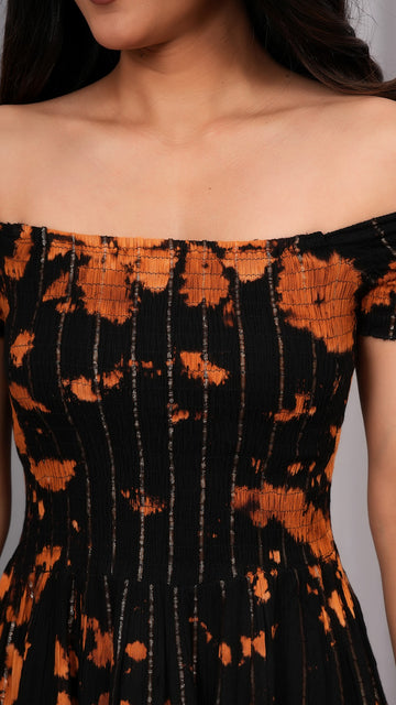 Iqraar Women Tie and Dye Dyed Smocked Off-Shoulder Fit and Flare Midi Black Dress