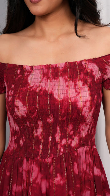 Iqraar Women Tie and Dye Dyed Smocked Off-Shoulder Fit and Flare Midi Wine Dress