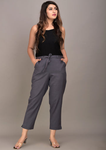 Women Regular Fit Grey Cotton Blend Trousers