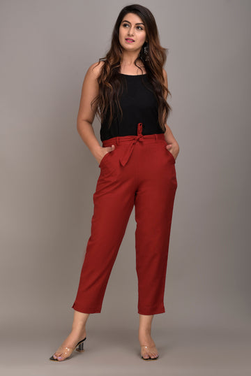 Women Regular Fit maroon Cotton Blend Trousers