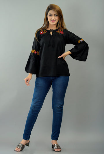 Casual Bell Sleeves Embroidered Women Black Top