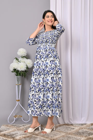 Floral Elegance Smocked Maxi Dress – Blue & White Print
