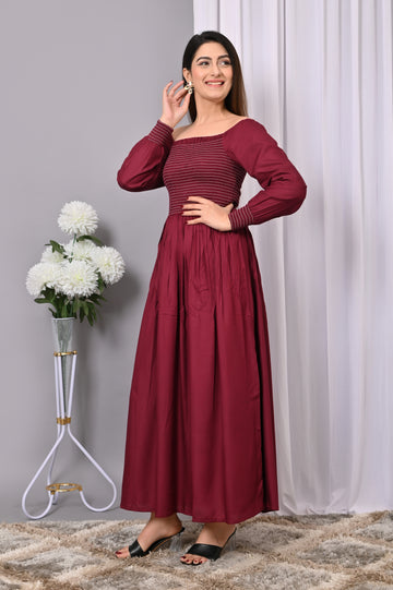 Wine Elegance Smocked Maxi Dress – Sophisticated & Chic Long Dres