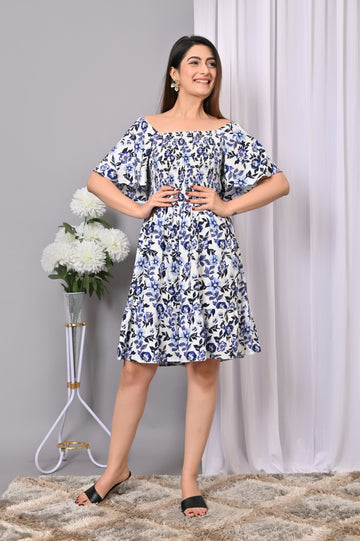 Breezy Blossom Smocked Mini Dress – Blue Floral Off-Shoulder Dress