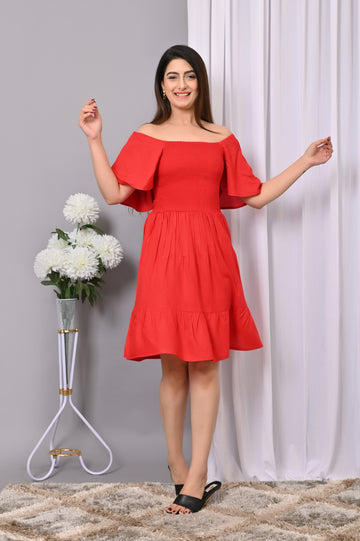 Scarlet Breeze Smocked Midi Dress – Red Off-Shoulder Dress