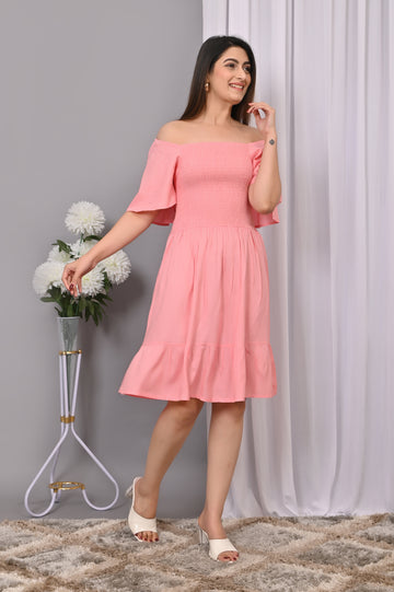 Blush Pink Off-Shoulder Smocked Dress – Rayon Midi Elegance