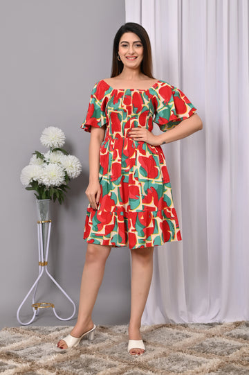Vibrant Printed Off-Shoulder Dress – Summer Casual Wear