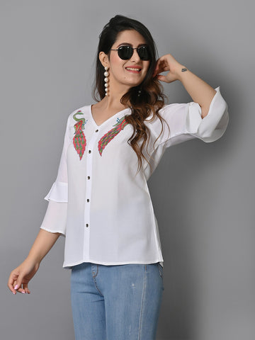 Self Design Embroidered V-Neck Bell Sleeves Shirt Style Top
