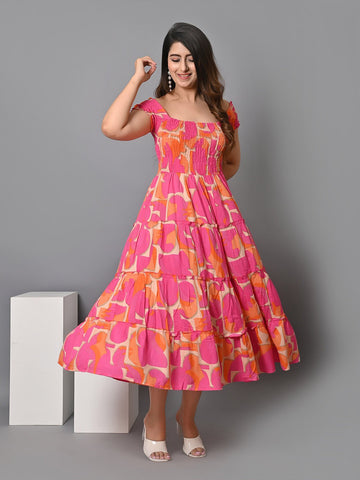 Geometric Printed Square Neck A-Line Dress