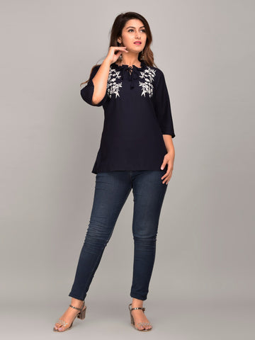 Navy Blue Floral Print Top