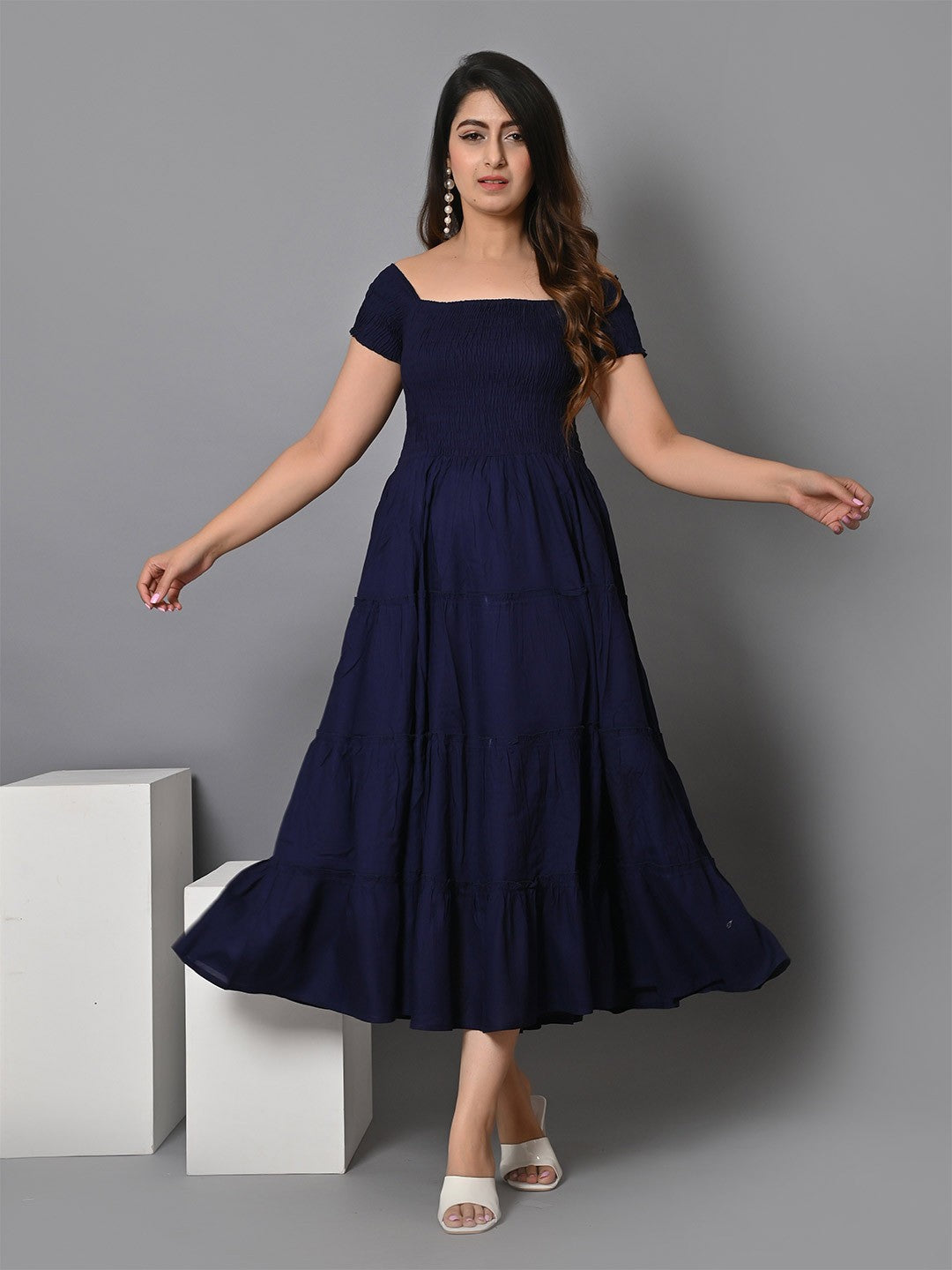 Square Neck Smocked Tiered Fit Flare Midi Dress