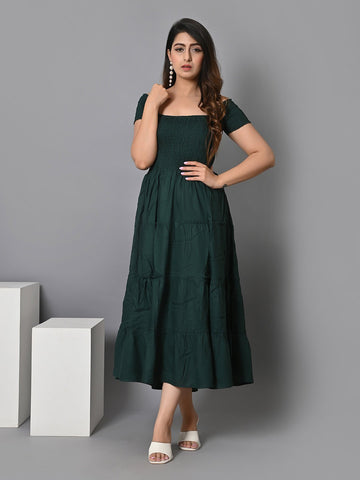 Off Shoulder Smocked Tiered Fit & Flare Midi Dress