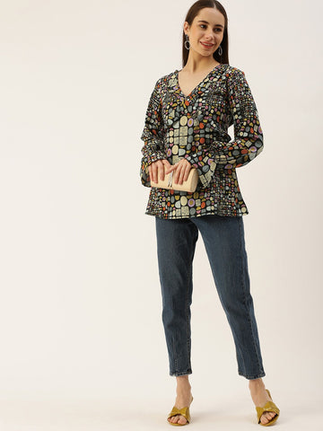 Abstract Print Bell Sleeves Longline Top
