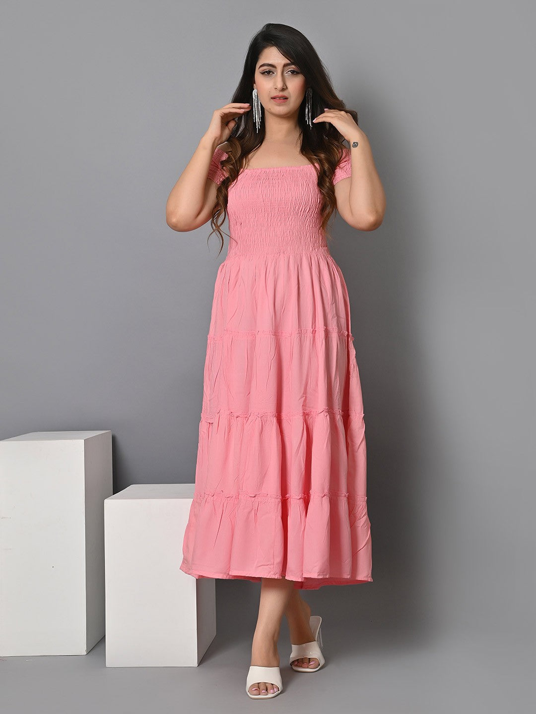 Off Shoulder Smocked Tiered Fit Flare Midi Dress