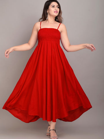Red Solid Smocked Maxi Dress