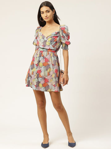 Women Pink & Grey Tropical Printed Fit & Flare Dress