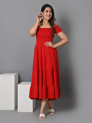 Off Shoulder Smocked Tiered Fit & Flare Maxi Dress