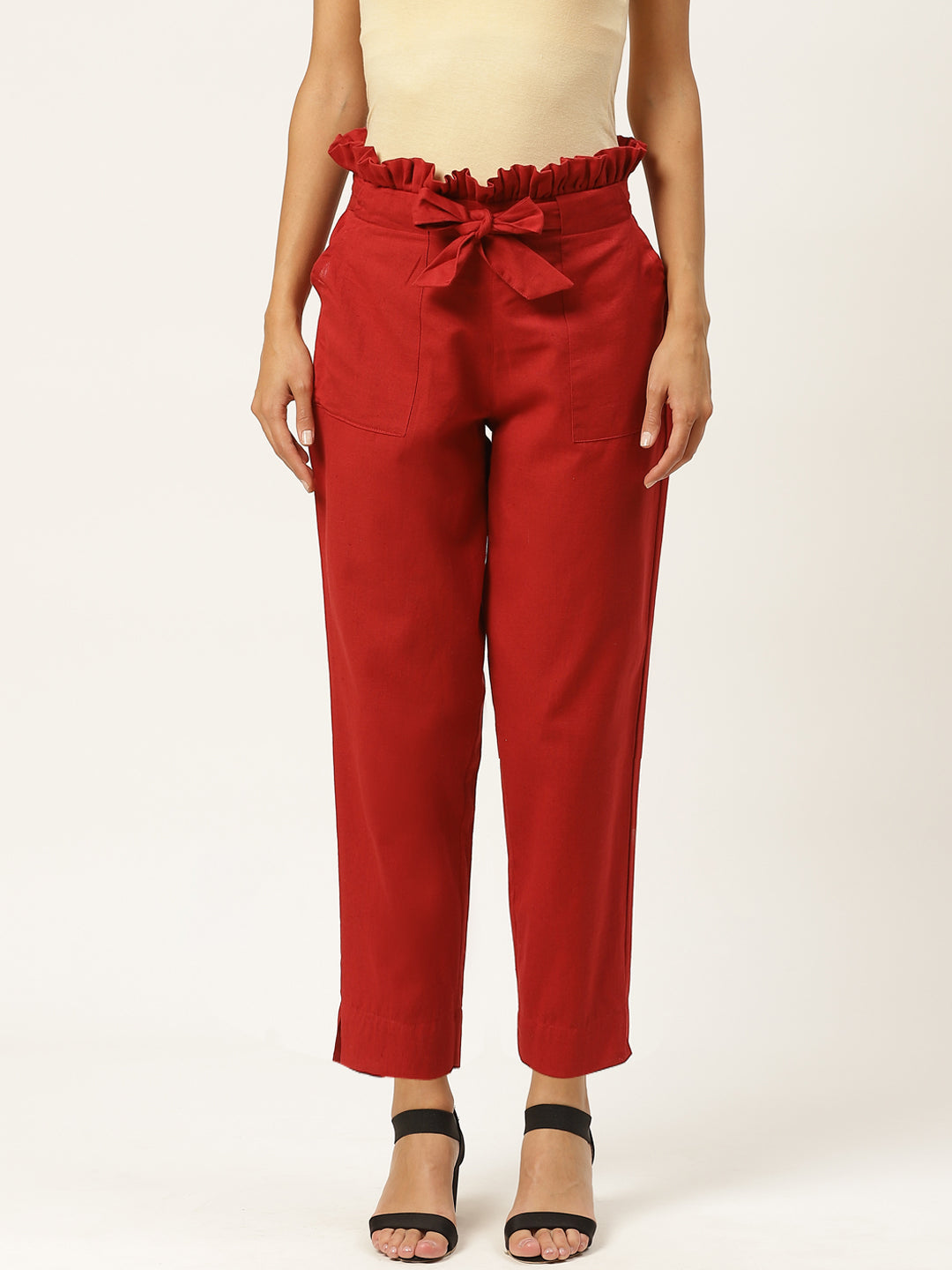 Women Regular Fit Maroon Pure Cotton Trousers