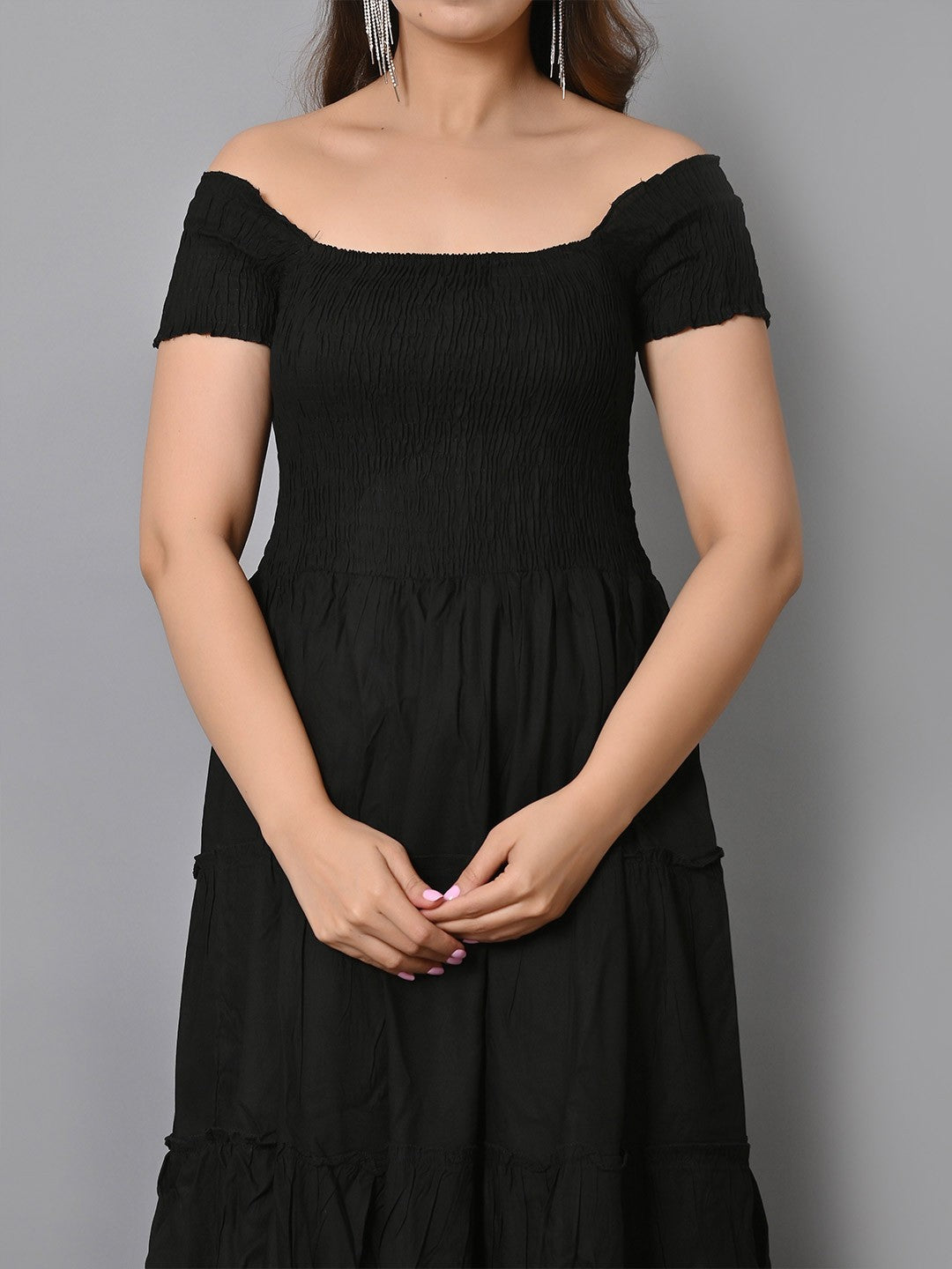 Square Neck Smocked Tiered Fit & Flare Midi Dress