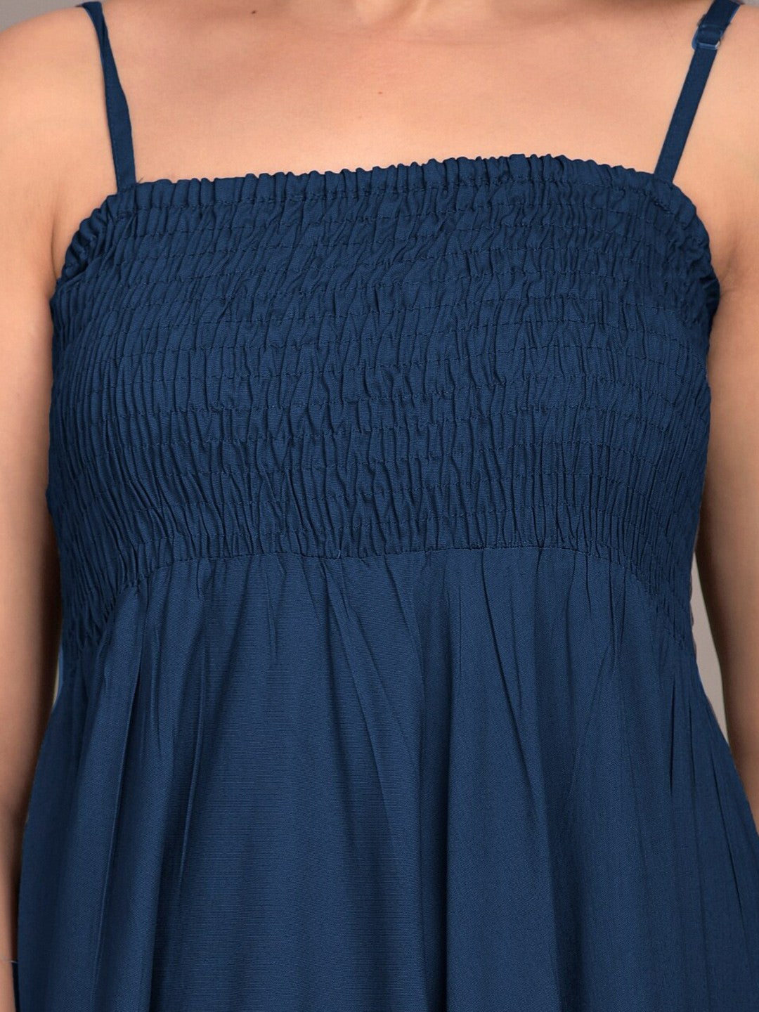 Blue Solid Smocked Maxi Dress